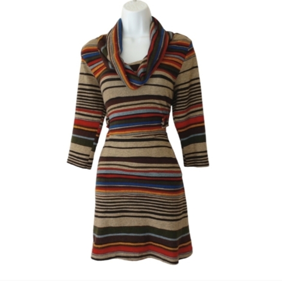 Papillon Beige Orange Blue Multicolour Striped Boho Hippie Dress - Picture 2 of 3
